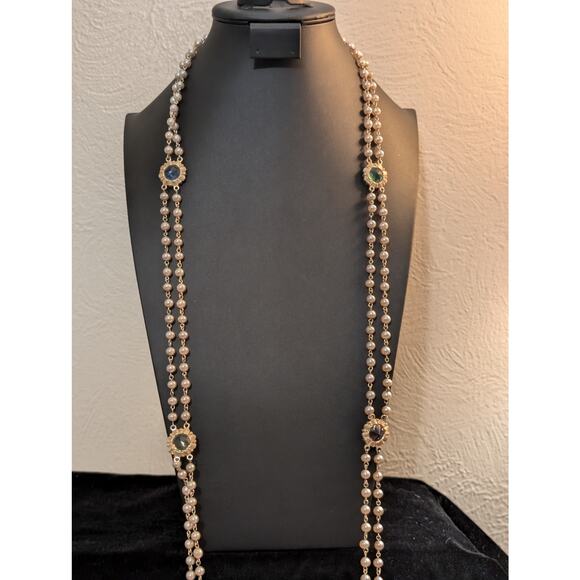 Vtg Multi-Strand Faux Pearl Colored Glass Medallion Designer Look 58" Necklace - Picture 2 of 10